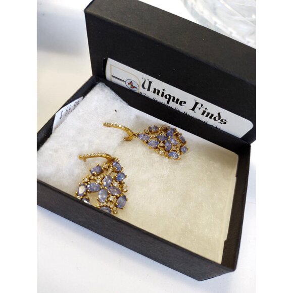 Women's Gold Plated  Sterling Silver Earrings 2" x 3/4"   Purple Tanzanite  & CV - Picture 2 of 9
